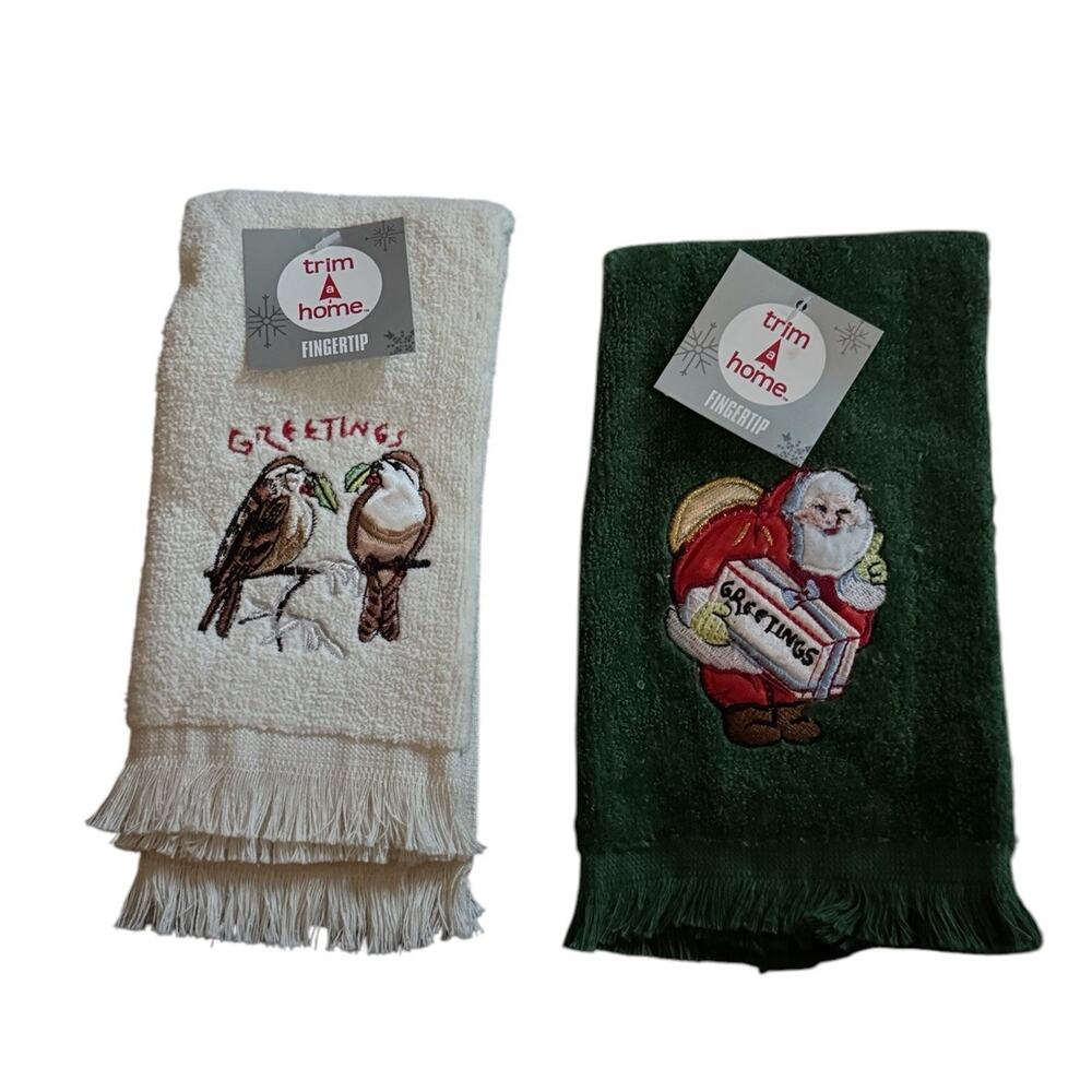 VTG Kmart Trim A Home‎ Embroidered Santa Birds Holiday Fingertip Towels NEW